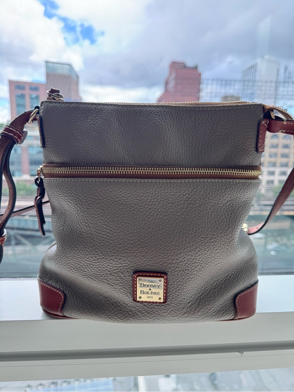 Vintage Dooney & Bourke Gray Pebbled Leather Crossbody with Brown Trim